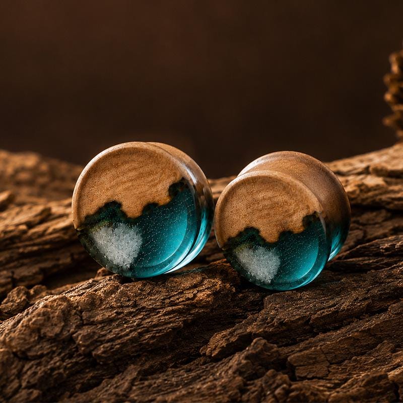 Handcrafted Wood & Resin Ear Plugs Dark Forest Green Double Flare Gauges Minimalist Knight Aesthetic Organic Wooden Tunnel Jewelry