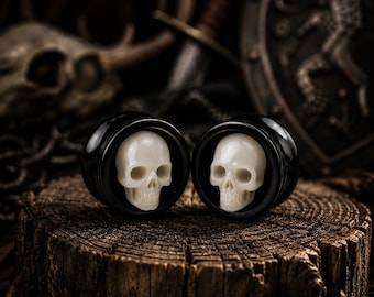 Black Obsidian Skull Ear Plugs with White Jade Inlay, Gothic Double Flared Gauges, Handmade Stone Ear Gauges, Halloween Body Jewelry