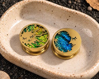 May include: A pair of circular gold-tone ear plugs featuring celestial designs. One plug displays a sun face with a green and yellow iridescent inlay, while the other shows a crescent moon with a blue and green iridescent inlay.
