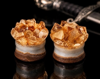 Boucles d'oreilles en cristal de citrine brute, écarteurs en pierre naturelle pour oreilles étirées, bijoux pour oreilles étirées, cadeau gothique et ésotérique