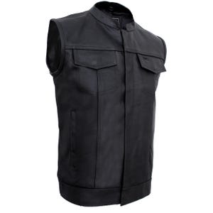 May include: A black leather vest with a mandarin collar and two chest pockets. The vest has a sleeveless design and a straight hemline. The leather appears to be smooth and has a slight sheen. The vest is designed for a close fit.