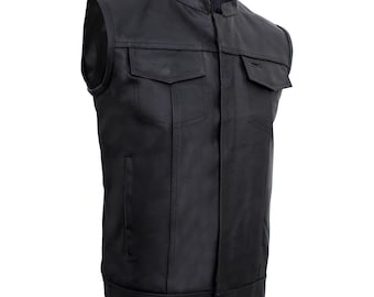 Men's Black SOA Biker Vest - Genuine Leather Riding Jacket with Pockets