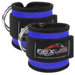 May include: Pair of black and blue ankle straps for fitness, featuring a D-ring and a hook-and-loop closure. The straps have a blue stripe and a black label with the text "REXUS Leather Experts Future Experience".