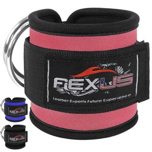Puede incluir: Correas de tobillo negras y rosas con una anilla en D de metal plateado. Las correas tienen un parche negro con el texto "REXUS Leather Experts Future Experience" y un gráfico de llama. También se ven dos correas más pequeñas en azul y negro.
