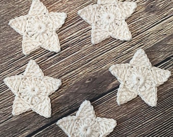 Crochet Star Applique - 50 unbleached/ natural white cotton crochet stars. (2.4 inches/ 6 cm) (Finished product)