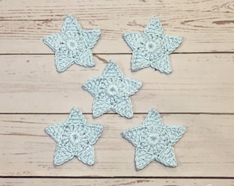 Crochet Star Applique - Set of 5 ice blue cotton crochet stars. (2.4 inches/ 6 cm) (Finished product)