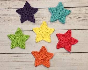 Crochet Star Applique - Set of 6, Rainbow colored. (2.4 inches/ 6 cm) (Finished product)