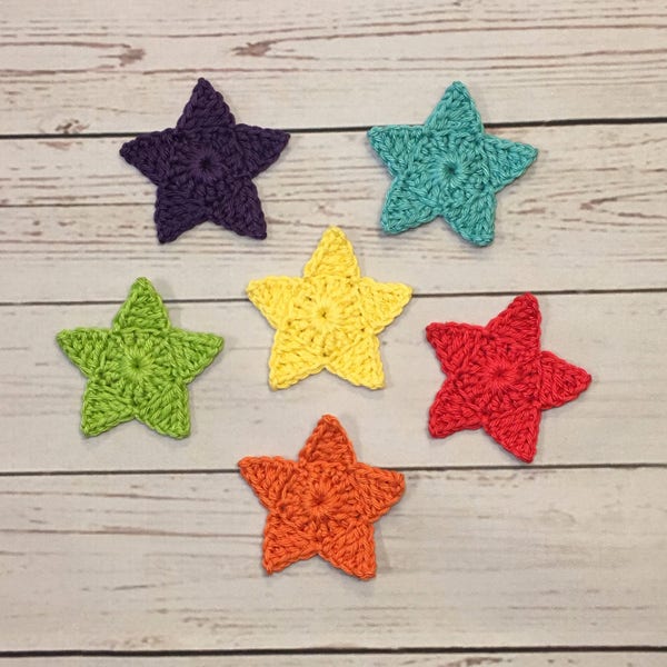 Crochet Star Applique - Set of 6, Rainbow colored. (2.4 inches/ 6 cm) (Finished product)