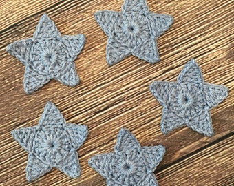 Crochet Star Applique - Set of 5 baby blue cotton crochet stars. (2.4 inches/ 6 cm) (Finished product)