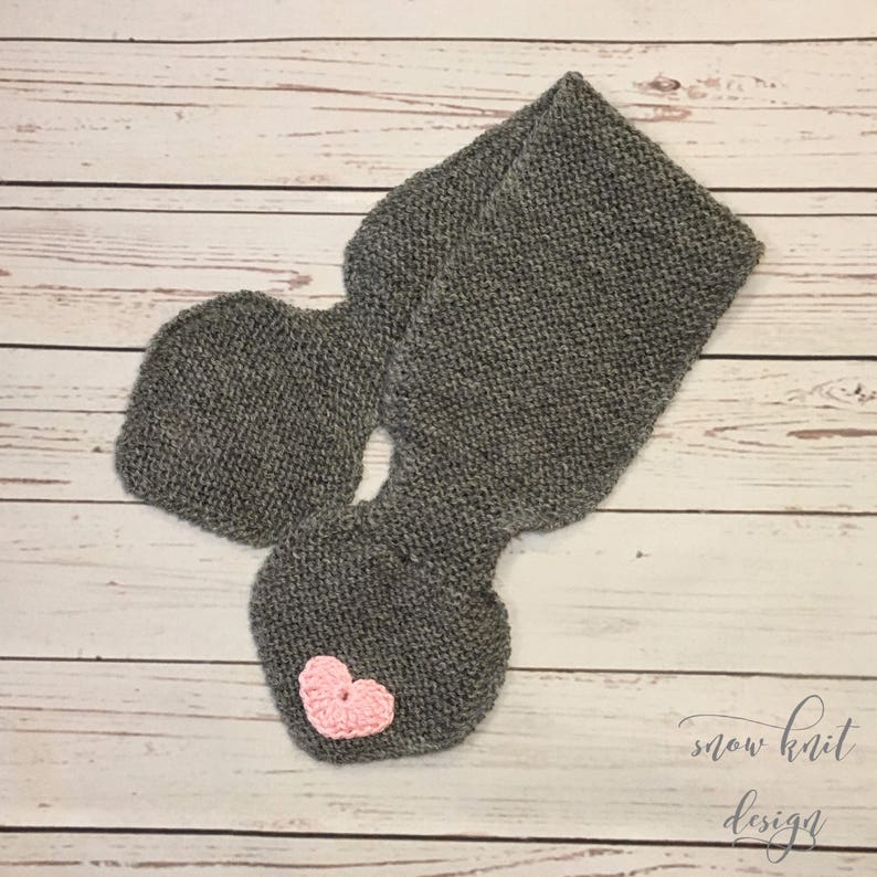 Knitted Baby Scarf Grey Merino Wool With Crocheted Hearts Bow Etsy