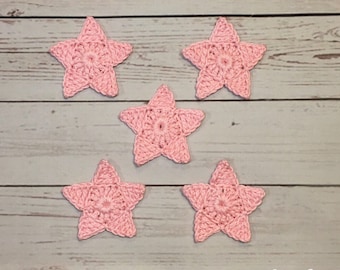 Crochet Star Applique - Set of 5 pink cotton crochet stars. (2.4 inches/ 6 cm) (Finished product)
