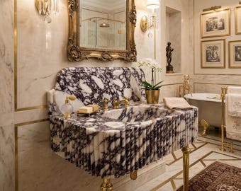 Wall Mounted Marble Sink, Calacatta Viola (Built-In Backsplash, Rounded Edges)