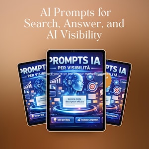 May include: Three digital tablets display a dark blue interface with the text AI Prompts for Search, Answer, and AI Visibility. The screens feature a central human-like head silhouette, target icons, and buttons labeled Genera meta description efficace.