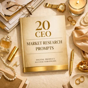 May include: A gold-colored book titled 20 CEO MARKET RESEARCH PROMPTS DIGITAL PRODUCT SUCCESS STRATEGIES, surrounded by gold-toned accessories including a watch, glasses, a pen, a perfume bottle, pearl necklaces, rings, and a lit candle.