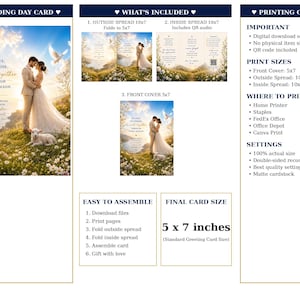 May include: A digital wedding day card template featuring a couple in a field with a lamb and a dove. The design includes text, a front cover, an outside spread, and an inside spread with a QR code. The final card size is 5 x 7 inches, with instructions for assembly and printing included in the layout.