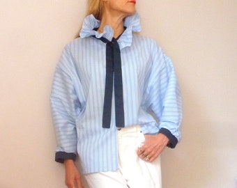 Blue and white striped cotton blouse with ruffled collar and lavaliere ALBANE