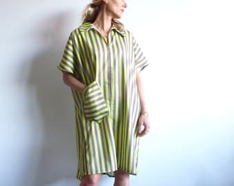 Loose cotton dress with anise and plum stripes SILIA