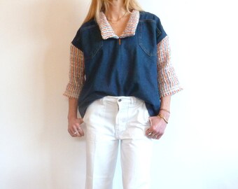 Large shirt in denim upcycled and tweed