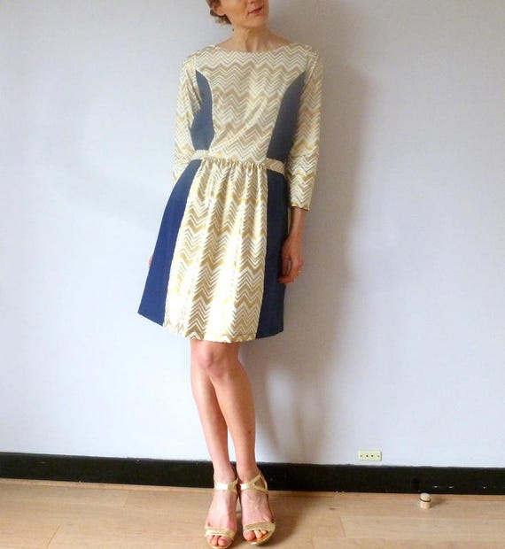 blue and gold chevron dress Blue Taupe Chevron 100% Cotton Knit Halter Sheath Dress