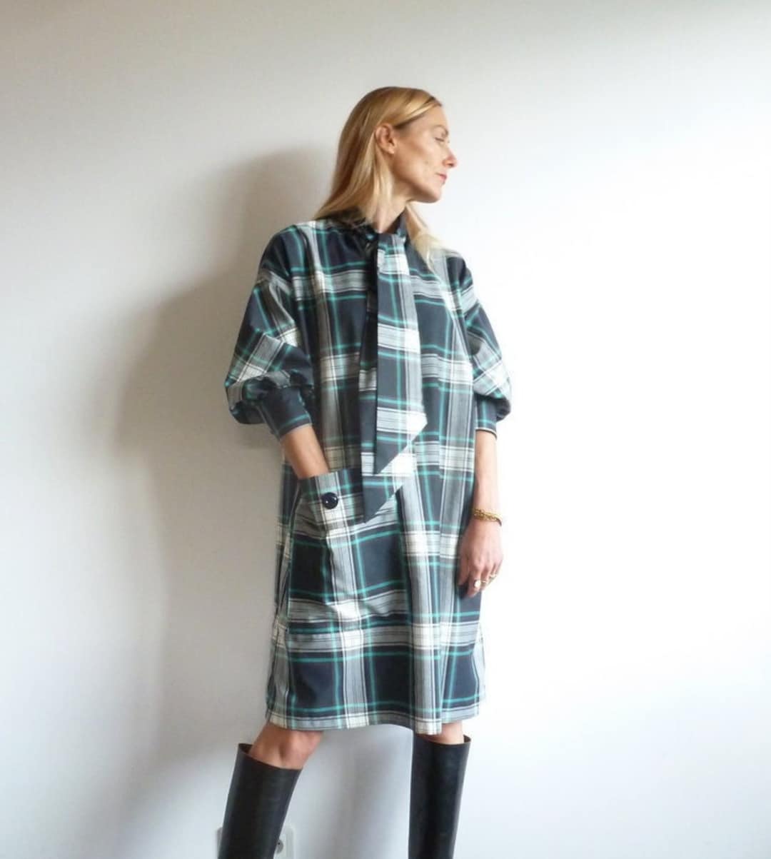 navy blue tartan dress Loose-fitting dress in navy blue tartan printed
