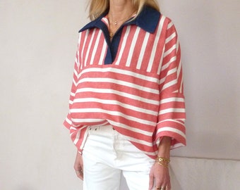 Blouse ample en coton rouge et blanc à col et encolure en jean MARIANNE