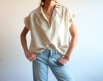 Locker sitzende Bluse aus Leinen und Baumwolle mit floralem Tailoring-Kragen EMMA
