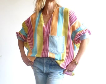 Loose blouse in multicolored woven cotton with pocket and recycled denim cuffs ZITA