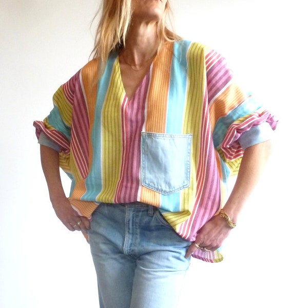 Blouse ample en coton tissé multicolore à poche et poignets en jean recyclé ZITA