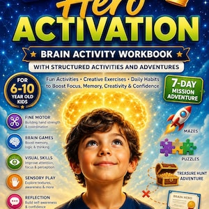 Pode incluir: Um livro de atividades cerebrais Brain Hero Activation para crianças de 6 a 10 anos com uma aventura de 7 dias, labirintos, quebra-cabeças, uma caça ao tesouro e um certificado. A capa mostra uma criança com uma ilustração de cérebro brilhante.