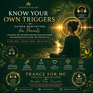 May include: A digital meditation guide titled Trance For Me: Know Your Own Triggers, featuring a person meditating in a forest. The graphic includes text about guided meditation for parents, alpha waves, binaural sound, and a 20-minute audio download.