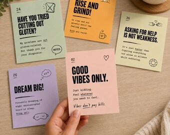 Sarkastiska bekräftelsekort utskrivbara, 40 roliga självvårdskort, parodi på giftig positivitet, roliga motivationskort digital nedladdning