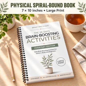 May include: A 7 x 10 inch spiral-bound book titled The 28-Days Brain-Boosting Activities Everyday Edition. The white cover features the text Bright Days Studio, a graphic of a potted plant, and a Large Print label.