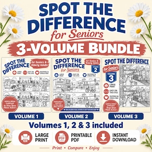 Könnte beinhalten: Ein 3-bändiges Set von Spot the Difference for Seniors Aktivitätsbüchern. Das Cover zeigt blauen und roten Text, Gänseblümchen-Illustrationen und Vorschauen der Rätselseiten. Symbole weisen auf Großdruck und augenschonende Merkmale hin.