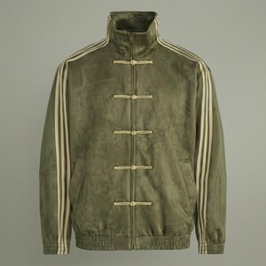 Olive Green Suede Leather Track Jacket: Chinese Frog Button Martial Arts Bomber (Handcrafted)