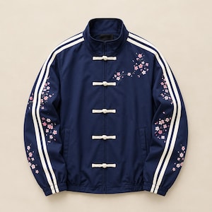 Könnte beinhalten: Eine marineblaue Trainingsjacke mit weißen Doppelstreifen an den Ärmeln, einem Stehkragen und weißen Knebelverschlüssen. Die Jacke ist mit gestickten rosa Kirschblütenzweigen auf der Brust und entlang der äußeren Ärmel verziert.