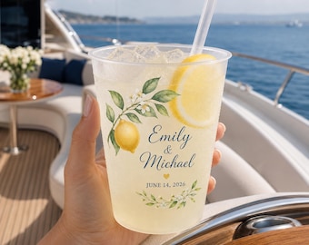Custom Lemon Wedding Frosted Cups, Personalized Coastal Wedding Cups, Yacht Party Drinkware, Cocktail Hour Wedding Favors