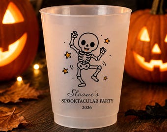 Personalized Halloween Frosted Cups, Custom Name & Year Skeleton Party Cups, Spooktacular Birthday Favors, Halloween Drinkware