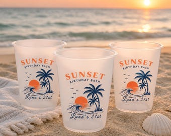 Custom Sunset Birthday Frosted Cups, Personalized Beach Party Cups, Tropical Birthday Favors, 21st Birthday Beach Weekend Drinkware
