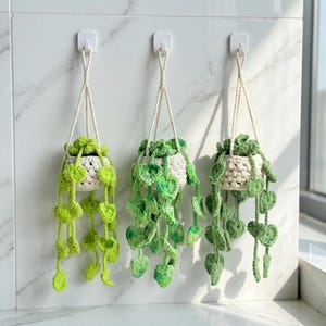 May include: Three hanging crochet planters with trailing green leaves. The planters are off-white and suspended by white cords from wall hooks. The leaves vary in shades of green, creating a natural, decorative look. Ideal for adding a touch of greenery to any space.
