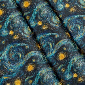Stof per meter: kosmisch patroon met wervelende sterren, polyester, 147 cm breed, om te knutselen, naaien, stoffering en kleding