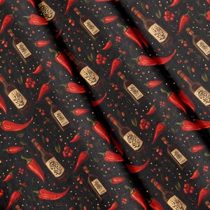 May include: A black fabric featuring a repeating pattern of glass bottles and red chili peppers. The bottles are depicted with labels, and the design includes small red dots and green leaf accents scattered across the dark background.