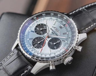 Luksusowy zegarek Breitling Navitimer Chronograph dla mężczyzn | Srebrna tarcza, czarny skórzany pasek | Elegancki zegarek w stylu pilota