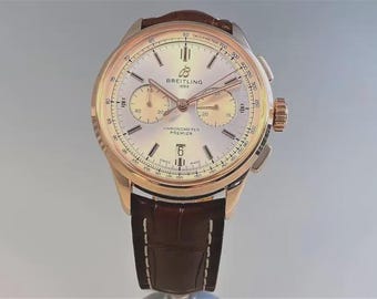 Reloj cronógrafo Breitling Premier de lujo para hombre / Reloj de pulsera con correa de cuero color oro rosa / Elegante reloj analógico de vestir / Regalo para él