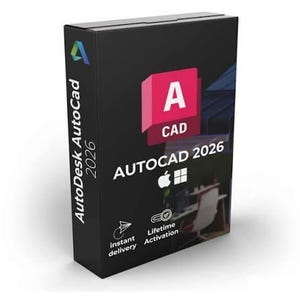 以下が含まれることがあります： 黒い箱に、AutoCAD 2026のロゴとピンクと白の「A CAD」エンブレムが描かれています。箱には、Autodesk AutoCADのロゴと、即時配達と生涯アクティベーションのアイコンも表示されています。箱はわずかに傾いています。