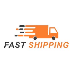 May include: A graphic logo featuring an orange delivery truck silhouette with motion lines trailing behind it in orange and dark gray. Below the truck, the text FAST SHIPPING is displayed in a bold, sans-serif font with FAST in dark gray and SHIPPING in orange.