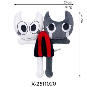 K&ouml;nnte beinhalten: Ein Pl&uuml;schtier mit zwei mondsichelf&ouml;rmigen Figuren, eine wei&szlig;e und eine graue, mit gro&szlig;en Augen und einfachen Gesichtsausdr&uuml;cken. Das Spielzeug ist 28 cm hoch und 24 cm breit und wiegt 107 Gramm. Ein rotes und schwarzes Kleidungsst&uuml;ck verbindet die beiden Charaktere. Der Text "X-2511020" steht unten.