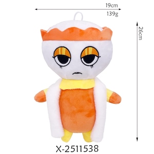 K&ouml;nnte beinhalten: Pl&uuml;schtier in Form einer Figur mit wei&szlig;em Kopf, orangefarbener Krone und orangefarbenem K&ouml;rper. Das Spielzeug ist 26 cm hoch und 19 cm breit und wiegt 139 g. Es hat gro&szlig;e Augen und einen traurigen Ausdruck. Der Produktcode lautet X-2511538.