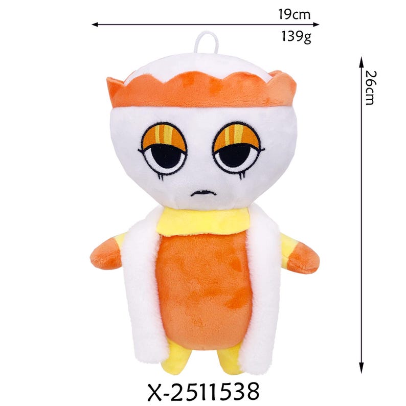 K&ouml;nnte beinhalten: Pl&uuml;schtier in Form einer Figur mit wei&szlig;em Kopf, orangefarbener Krone und orangefarbenem K&ouml;rper. Das Spielzeug ist 26 cm hoch und 19 cm breit und wiegt 139 g. Es hat gro&szlig;e Augen und einen traurigen Ausdruck. Der Produktcode lautet X-2511538.