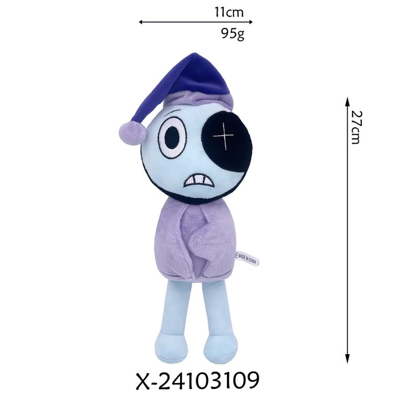 K&ouml;nnte beinhalten: Pl&uuml;schpuppe mit hellblauem Kopf und K&ouml;rper, die eine lila Nachtm&uuml;tze und Jacke tr&auml;gt. Die Puppe hat ein gro&szlig;es Auge, eine schwarze Augenklappe und einen gen&auml;hten Mund. Sie ist 27 cm hoch und 11 cm breit und wiegt 95 g. Der Produktcode lautet X-24103109.