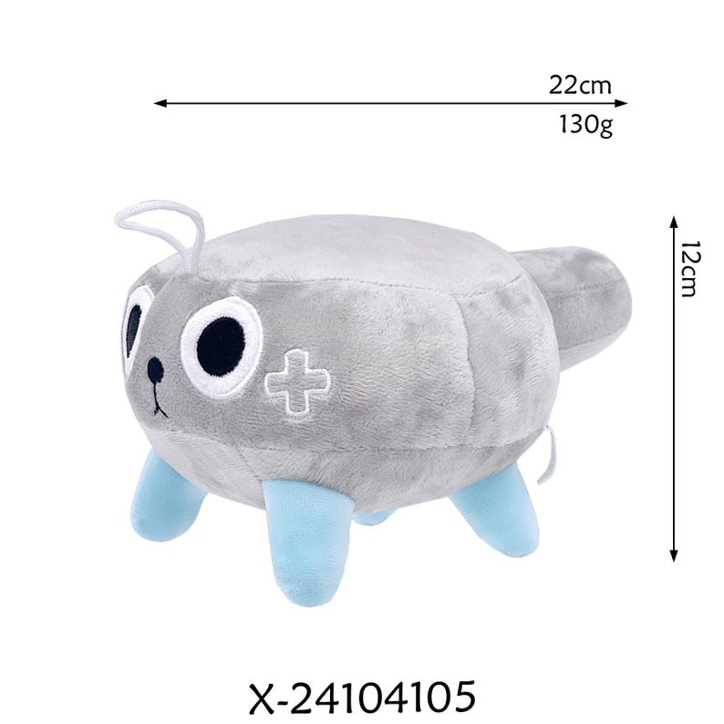K&ouml;nnte beinhalten: Graues Pl&uuml;schtier in Form einer stilisierten Kreatur mit gro&szlig;en schwarzen Augen, einem wei&szlig;en Kreuz und blauen F&uuml;&szlig;en. Es ist 22 cm lang, 12 cm hoch und wiegt 130 g. Das Spielzeug hat eine kleine Antenne und einen Schwanz. Produktcode: X-24104105.